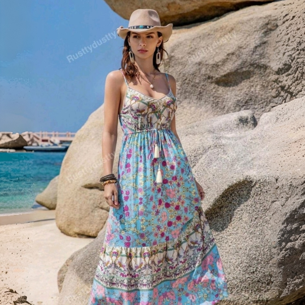 Floral Blue Boho Maxi Dress